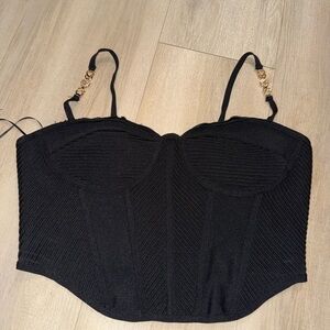 Fashion Nova Black Ribbed Bustier Crop Top with Gold Chain Straps